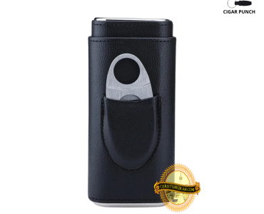 STANDARD 3 FINGER LEATHER CIGAR CASE WITH CIGAR CUTTER - BLACK